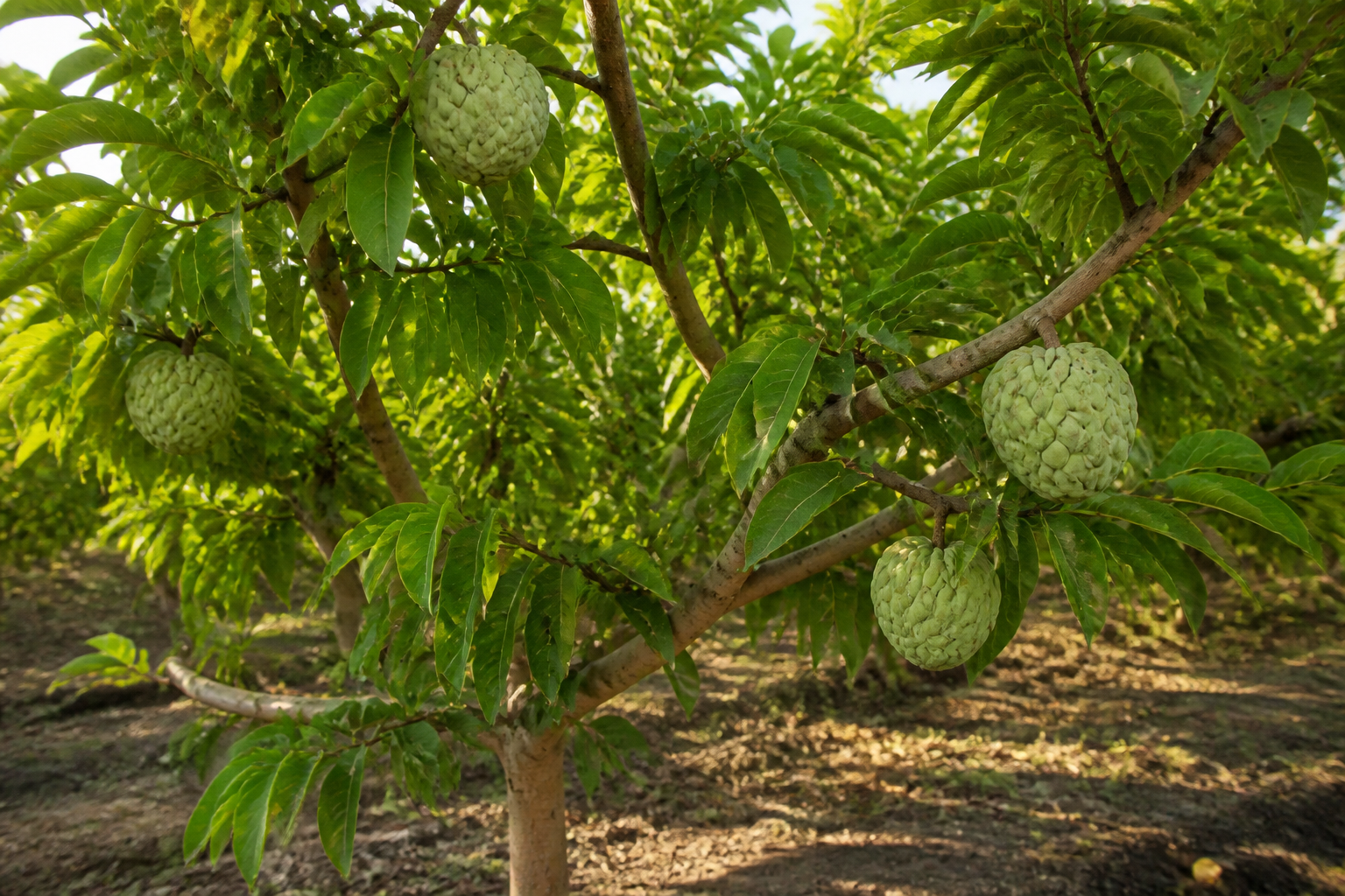Cherimoyas growing naturally on a tree