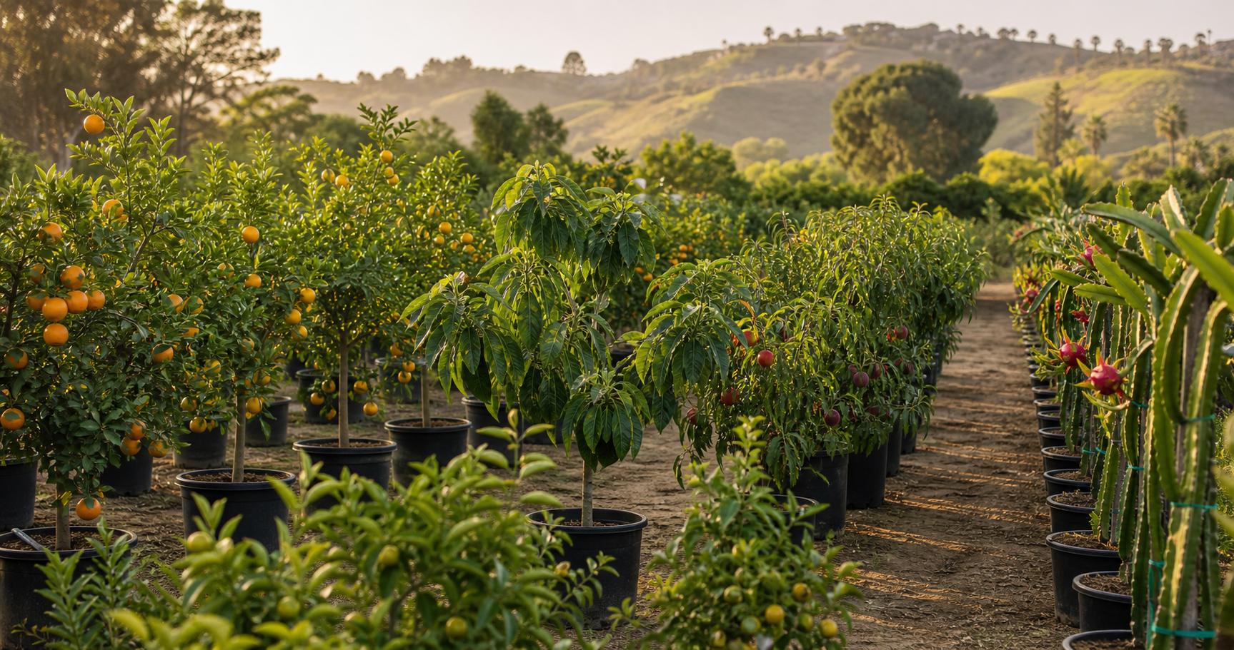 Rows of citrus and tropical fruit trees with dragon fruit plants at a Southern California nursery